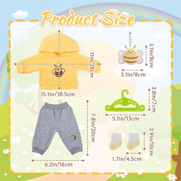 5-teiliges Bekleidungsset mit gelben Bienen für 30–45 cm große Puppen mit Sweatshirt, Hose und Accessoires