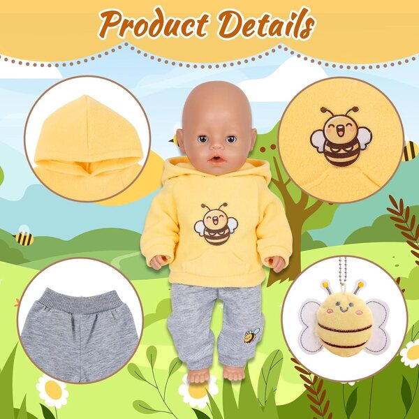 5-teiliges Bekleidungsset mit gelben Bienen für 30–45 cm große Puppen mit Sweatshirt, Hose und Accessoires