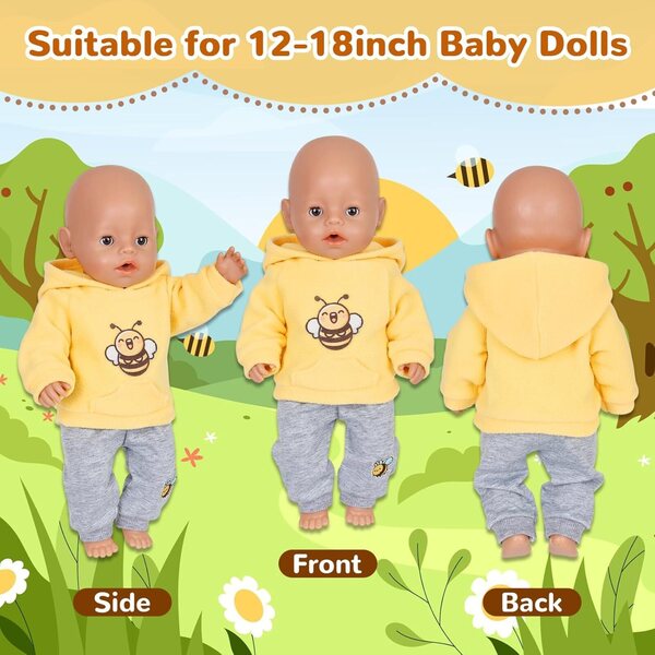 5-teiliges Bekleidungsset mit gelben Bienen für 30–45 cm große Puppen mit Sweatshirt, Hose und Accessoires