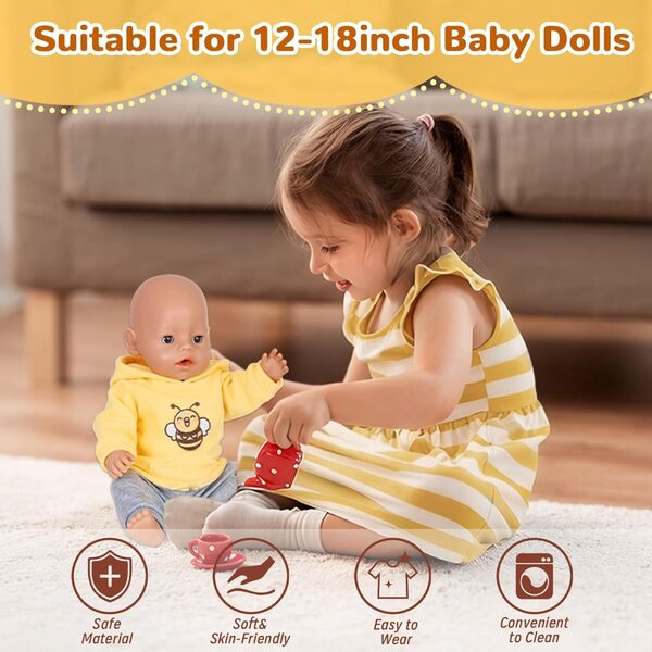 5-teiliges Bekleidungsset mit gelben Bienen für 30–45 cm große Puppen mit Sweatshirt, Hose und Accessoires