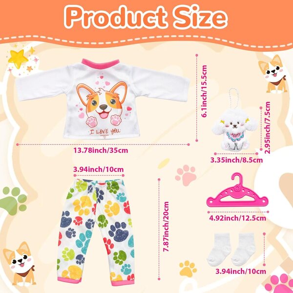 Set 5 vestiti per bambole 35-45 cm con pony, pantaloni, calzini, fascia e 2 ganci
