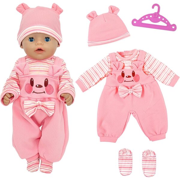 Set vestiti per bambole 40-45 cm con tuta orso rosa, cappello, calzini e appendiabiti