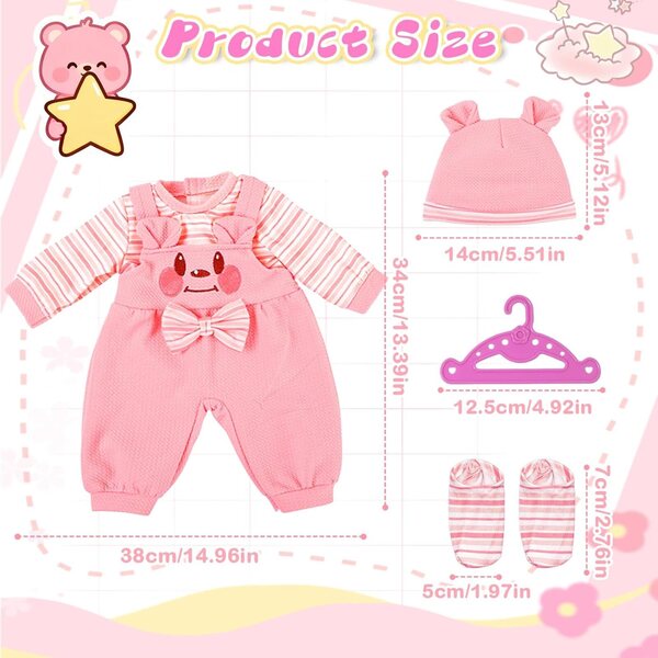 Set vestiti per bambole 40-45 cm con tuta orso rosa, cappello, calzini e appendiabiti