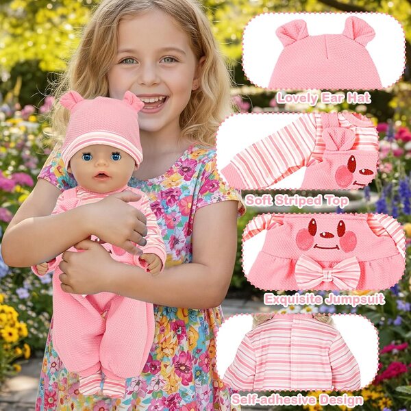 Set vestiti per bambole 40-45 cm con tuta orso rosa, cappello, calzini e appendiabiti