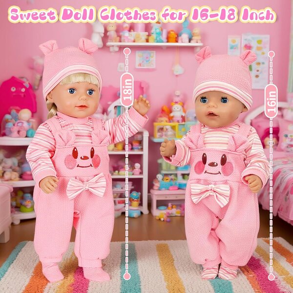 Set vestiti per bambole 40-45 cm con tuta orso rosa, cappello, calzini e appendiabiti