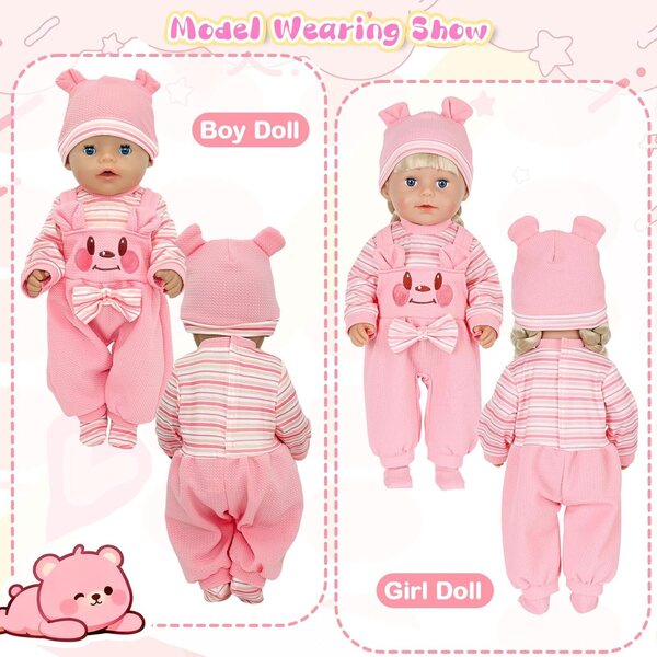Set vestiti per bambole 40-45 cm con tuta orso rosa, cappello, calzini e appendiabiti