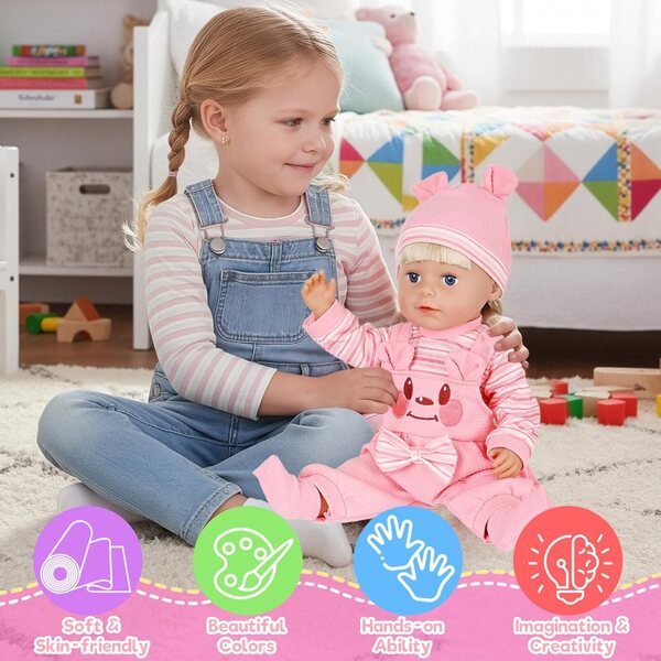 Set vestiti per bambole 40-45 cm con tuta orso rosa, cappello, calzini e appendiabiti