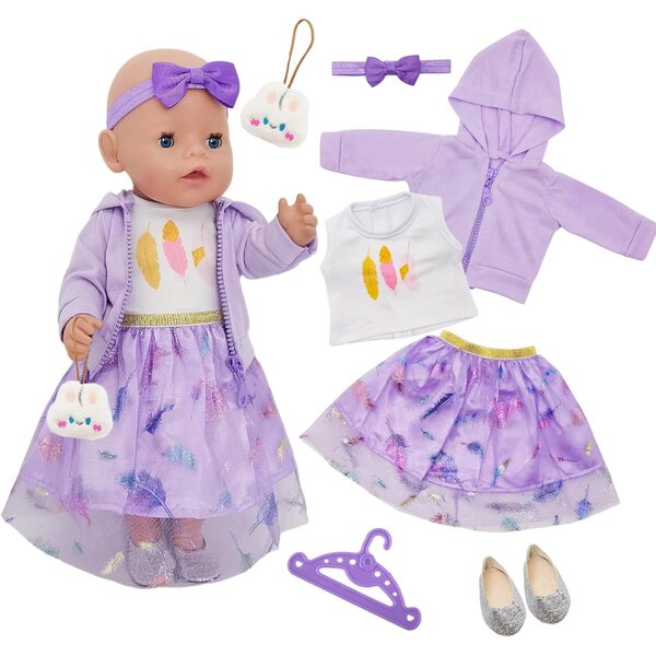 WanderGo 7-teiliges lila Kleidungsset für Puppen 35–43 cm mit glitzernden Details