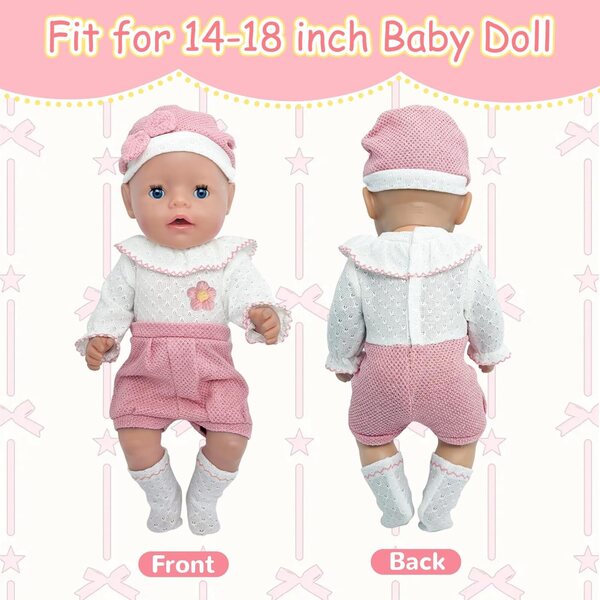 Kleidungsset für 35–45 cm große Puppen mit Hut, Socken und Carreuty-Blumenbrosche