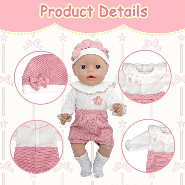 Kleidungsset für 35–45 cm große Puppen mit Hut, Socken und Carreuty-Blumenbrosche