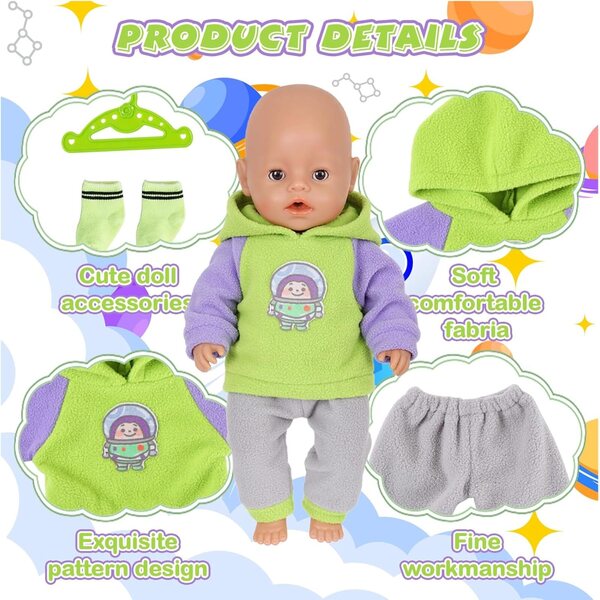 4-teiliges grünes Bekleidungsset für Puppen 30-45 cm mit Sweatshirt, Hose und Socken