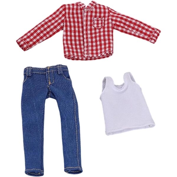 1/12 männliches Puppenoutfit, realistisches und lässiges Hemd, Jeans und Weste aus Stoff