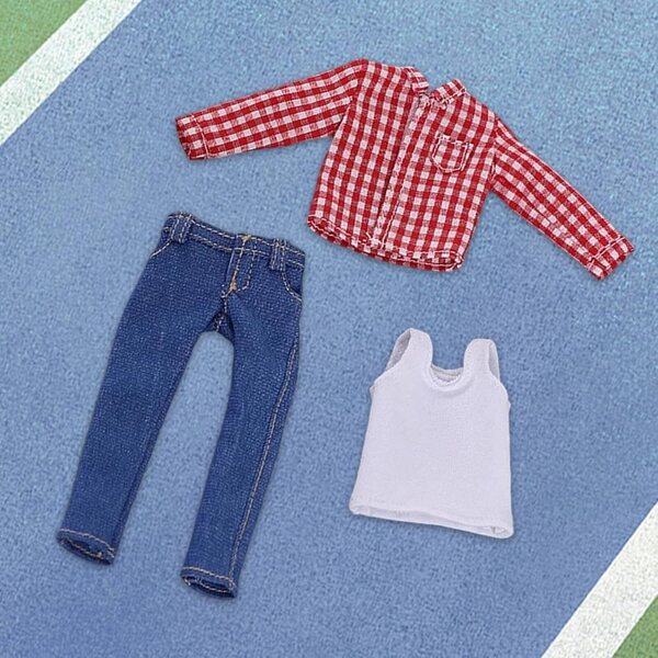 1/12 männliches Puppenoutfit, realistisches und lässiges Hemd, Jeans und Weste aus Stoff