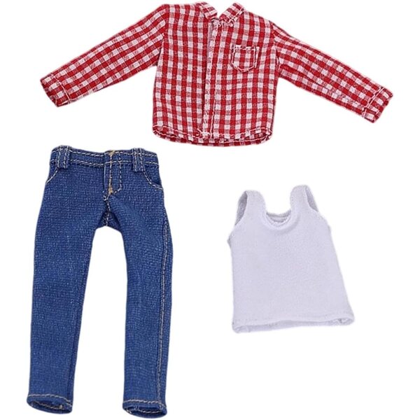 1/12 männliches Puppenoutfit, realistisches und lässiges Hemd, Jeans und Weste aus Stoff