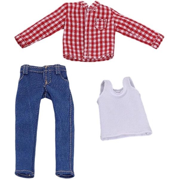 Abbigliamento Bambola Maschile 1/12 Outfit Casual con Camicia, Jeans e Gilet in Tessuto Morbido