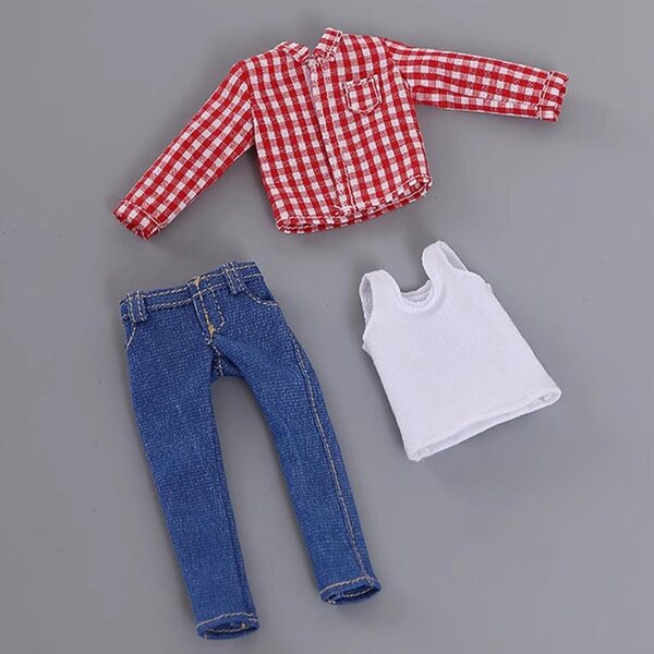 Abbigliamento Bambola Maschile 1/12 Outfit Casual con Camicia, Jeans e Gilet in Tessuto Morbido