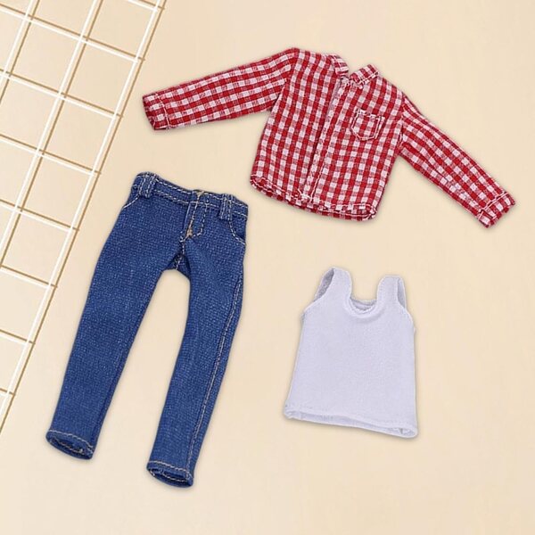 Abbigliamento Bambola Maschile 1/12 Outfit Casual con Camicia, Jeans e Gilet in Tessuto Morbido