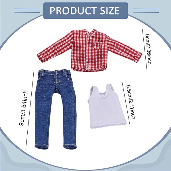 Abbigliamento Bambola Maschile 1/12 Outfit Casual con Camicia, Jeans e Gilet in Tessuto Morbido
