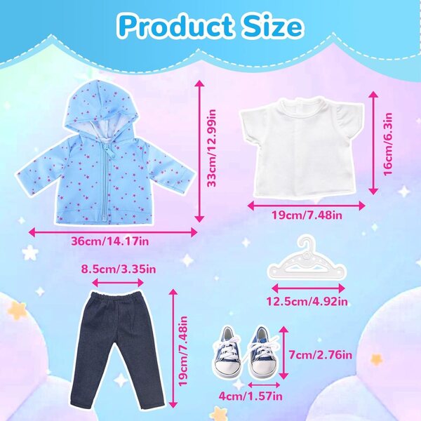 Set mit 5 Kleidungsstücken für 35–45 cm große Puppen mit blauem Stern-Sweatshirt, T-Shirt, Hose und Schuhen