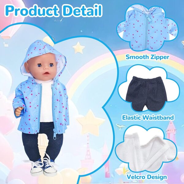 Set mit 5 Kleidungsstücken für 35–45 cm große Puppen mit blauem Stern-Sweatshirt, T-Shirt, Hose und Schuhen
