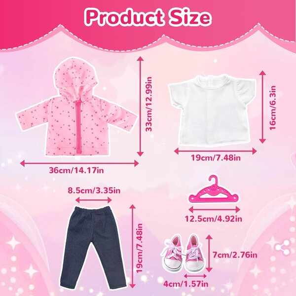Set vestiti rosa per bambole 35-45 cm WanderGo, completo 5 pezzi con giacca e scarpe