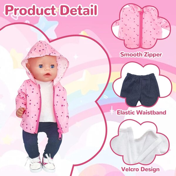 Set vestiti rosa per bambole 35-45 cm WanderGo, completo 5 pezzi con giacca e scarpe