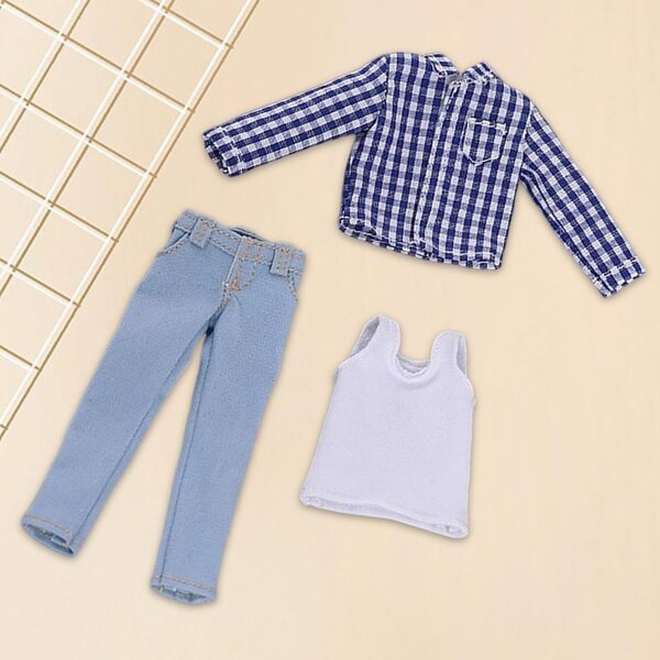 kowaku Abbigliamento 1/12 per Bambole Maschili – Gilet, Maglietta e Jeans Blu