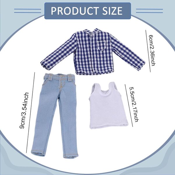 kowaku Abbigliamento 1/12 per Bambole Maschili – Gilet, Maglietta e Jeans Blu