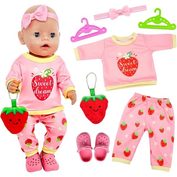Kleidungsset für Puppen 35–45 cm Orizizhic – Erdbeeroberteil, Hose, Hausschuhe und Accessoires