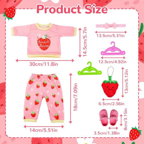 Kleidungsset für Puppen 35–45 cm Orizizhic – Erdbeeroberteil, Hose, Hausschuhe und Accessoires