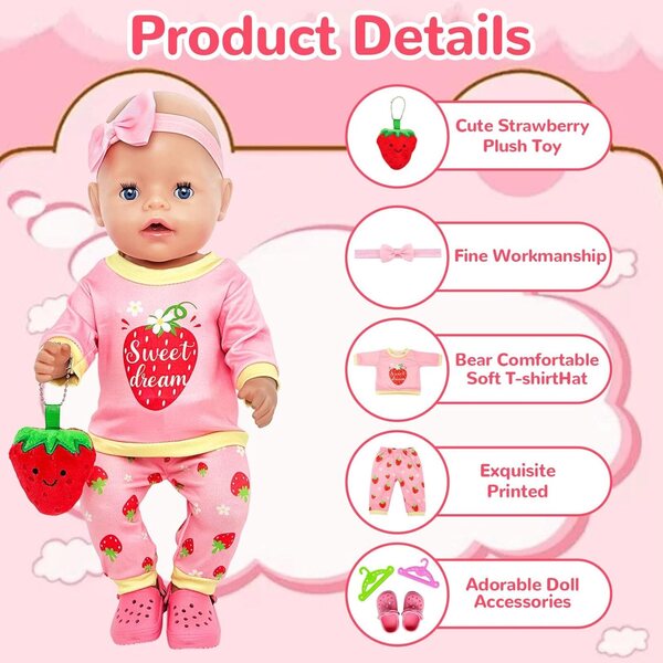Kleidungsset für Puppen 35–45 cm Orizizhic – Erdbeeroberteil, Hose, Hausschuhe und Accessoires