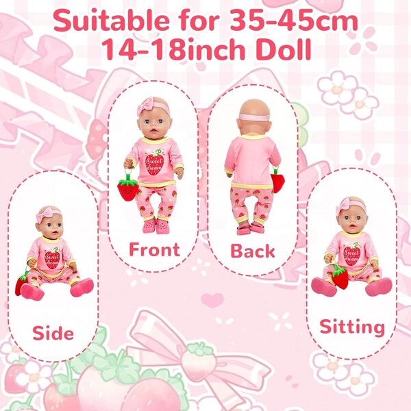 Kleidungsset für Puppen 35–45 cm Orizizhic – Erdbeeroberteil, Hose, Hausschuhe und Accessoires