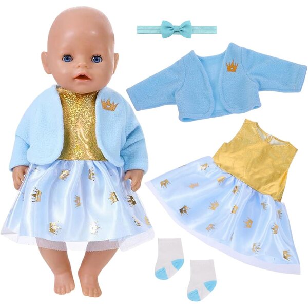 Blaues Kleidungsset für 30–45 cm große Puppen mit Fleecejacke, Tüllrock und Prinzessinnen-Accessoires