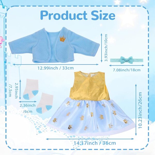 Blaues Kleidungsset für 30–45 cm große Puppen mit Fleecejacke, Tüllrock und Prinzessinnen-Accessoires
