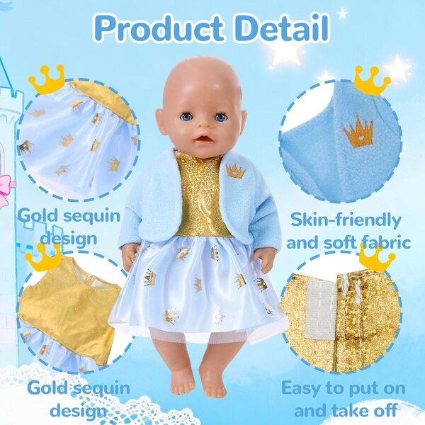 Blaues Kleidungsset für 30–45 cm große Puppen mit Fleecejacke, Tüllrock und Prinzessinnen-Accessoires