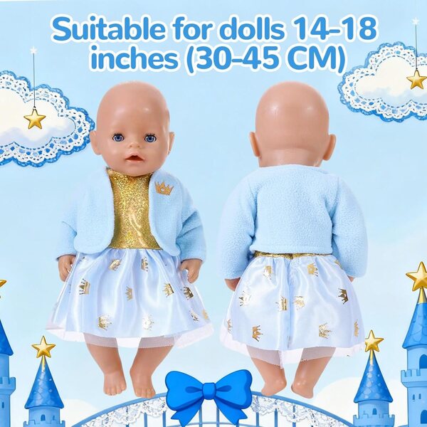Blaues Kleidungsset für 30–45 cm große Puppen mit Fleecejacke, Tüllrock und Prinzessinnen-Accessoires