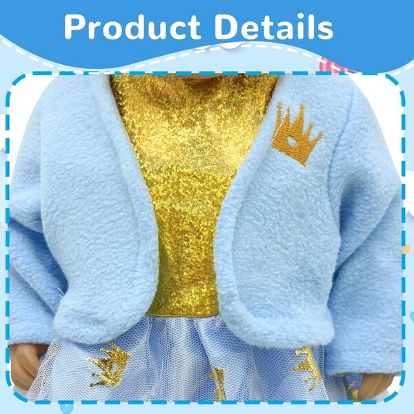 Blaues Kleidungsset für 30–45 cm große Puppen mit Fleecejacke, Tüllrock und Prinzessinnen-Accessoires