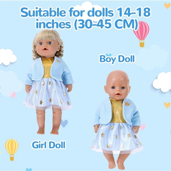 Blaues Kleidungsset für 30–45 cm große Puppen mit Fleecejacke, Tüllrock und Prinzessinnen-Accessoires