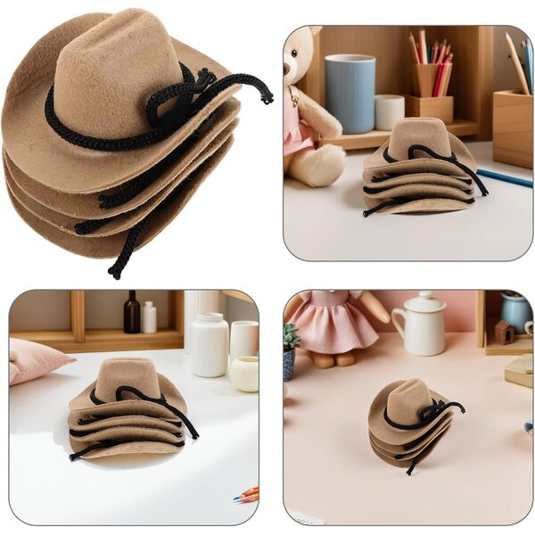 ERINGOGO Mini-Cowboyhüte mit Flockeffekt – 4 Stück Western-Zubehör für Puppen und Dekorationen