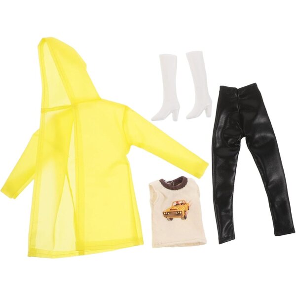 Gelbes Regenmantel-Set für Puppen und Stofftiere: Jacke, Weste, Hose und Stiefel