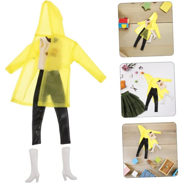Gelbes Regenmantel-Set für Puppen und Stofftiere: Jacke, Weste, Hose und Stiefel