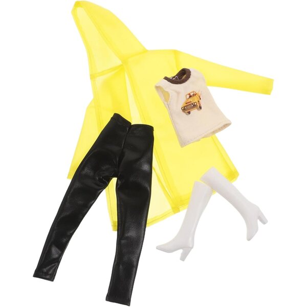 Gelbes Regenmantel-Set für Puppen: Weste, Hose, Stiefel und Regenponcho