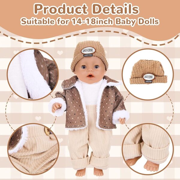 Vestiti invernali per bambole 30-45 cm, set 4 pezzi con cappotto, salopette, cappello e calzini