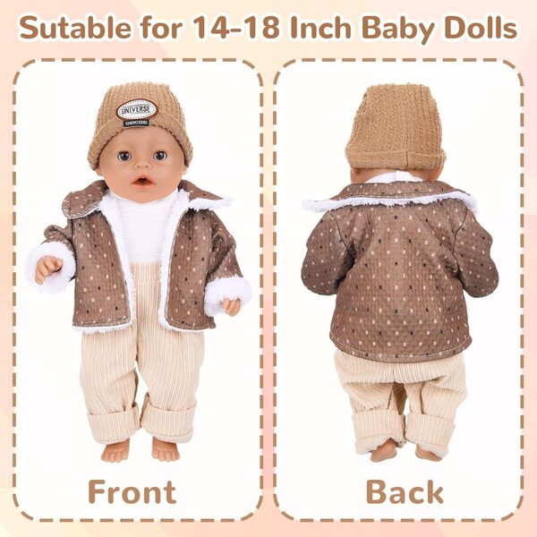 Vestiti invernali per bambole 30-45 cm, set 4 pezzi con cappotto, salopette, cappello e calzini