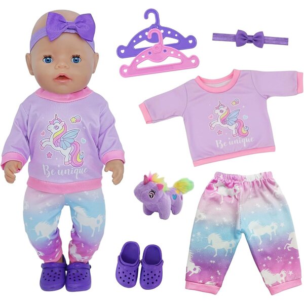Bekleidungsset für Puppen 30-45 cm 7-teilig Lila mit Pony und Zubehör
