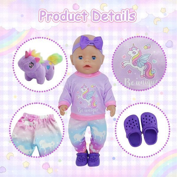 Bekleidungsset für Puppen 30-45 cm 7-teilig Lila mit Pony und Zubehör