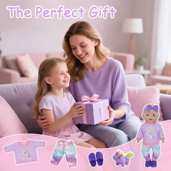 Bekleidungsset für Puppen 30-45 cm 7-teilig Lila mit Pony und Zubehör