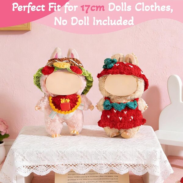 Set 2 pezzi abiti fatti a mano per bambole 17 cm tema hamburger e fragola
