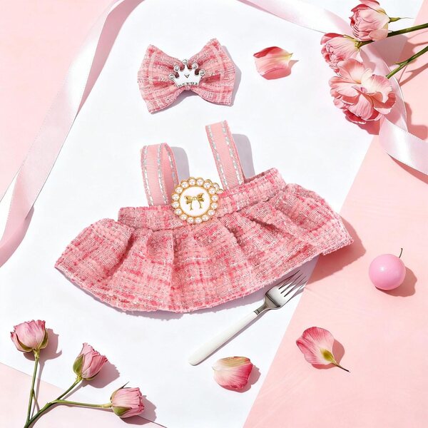Rosa Puppenkleidungsset für 17 cm mit Rock und Kopfschmuck, weiches und widerstandsfähiges Zubehör