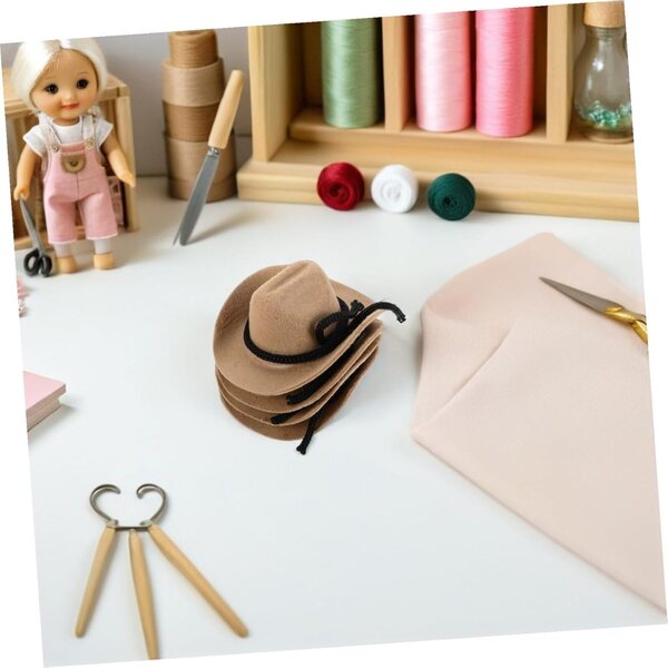 4 Mini Cappelli Cowgirl Western Floccati Beige per Bambole e Decorazioni Creative